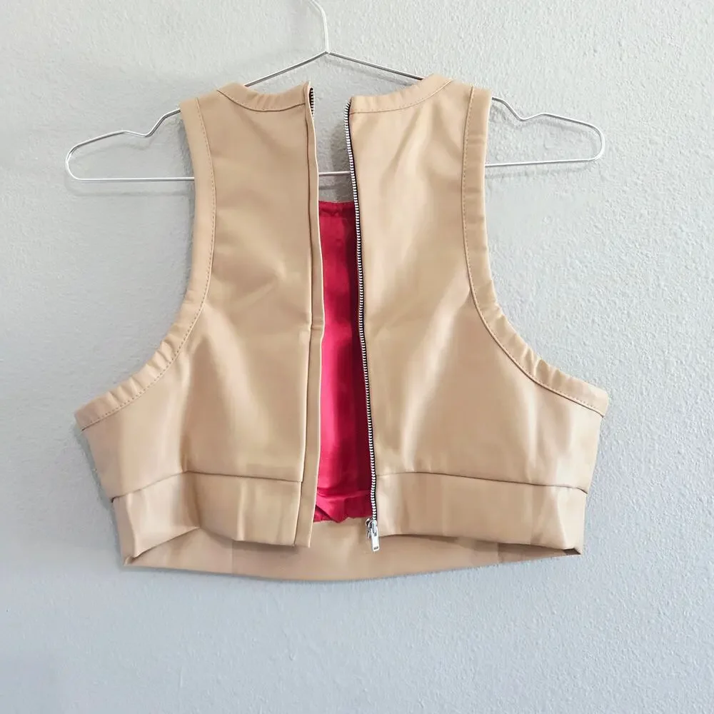 LIKA Faux Leather Crop Top -Beige-Small-Streetwear-Luxury Grunge Glamour - Picture 2 of 10